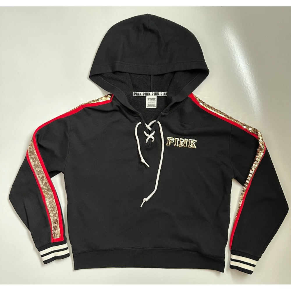 PINK Victoria's Secret Sequin Rose Lace Up Hoodie Black Gold Red Bling S